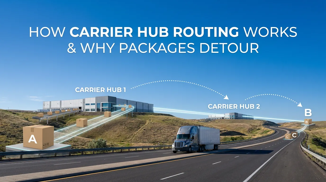 How carrier hub routing works and why packages detour: a package at point A travels through two carrier hub facilities along a highway before reaching point B, rather than going direct.