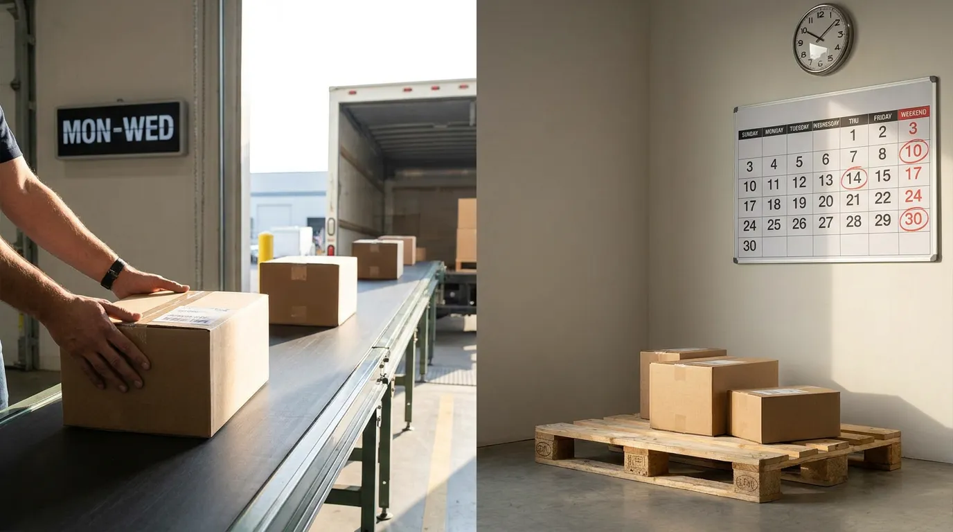 A worker loading a box onto a conveyor under a MON-WED sign, beside boxes sitting on a pallet in front of a calendar with the weekend dates circled in red.