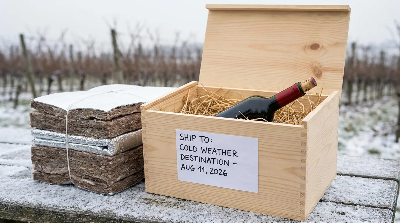 A bottle of red wine packed in straw inside a wooden crate labeled for a cold weather destination, sitting in a snow-dusted vineyard next to a bundle of insulating liner.